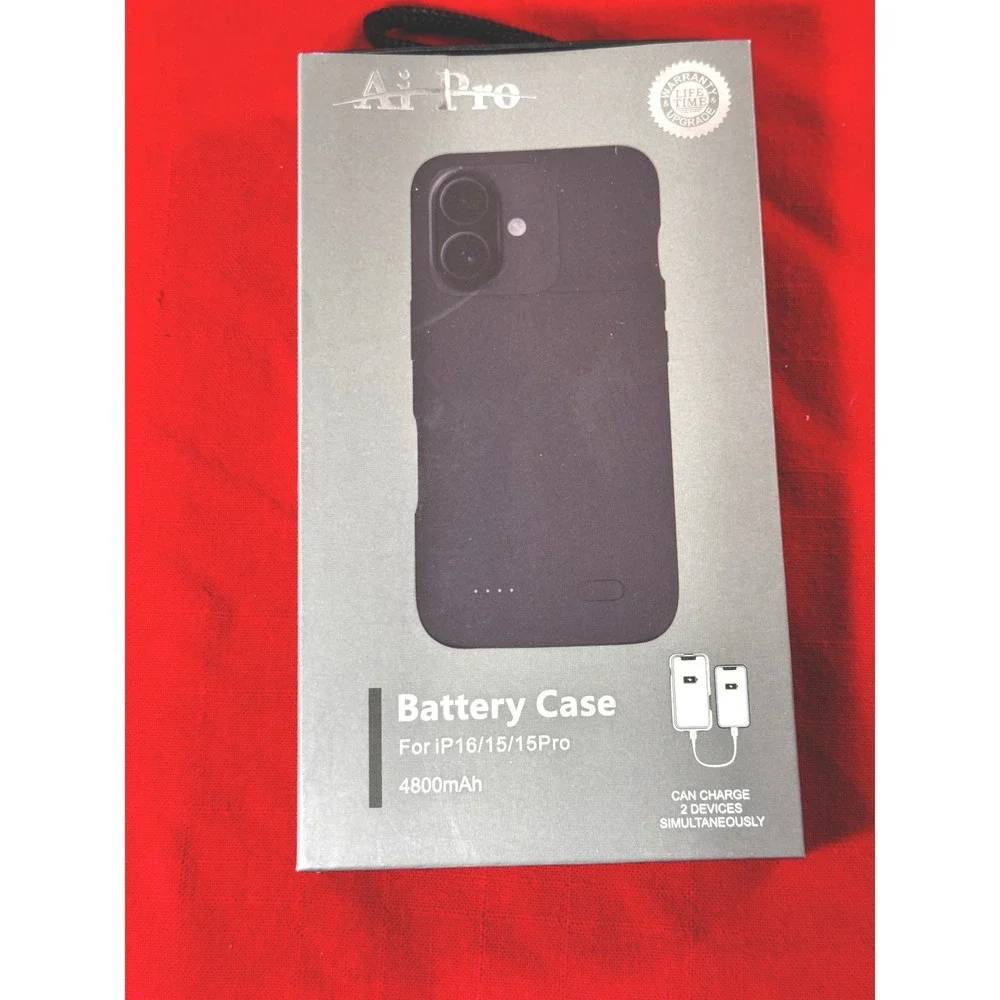 AiPro 4800mAh Battery Case for iPhone 16 15 15 Pro Black Slim Charging Cover